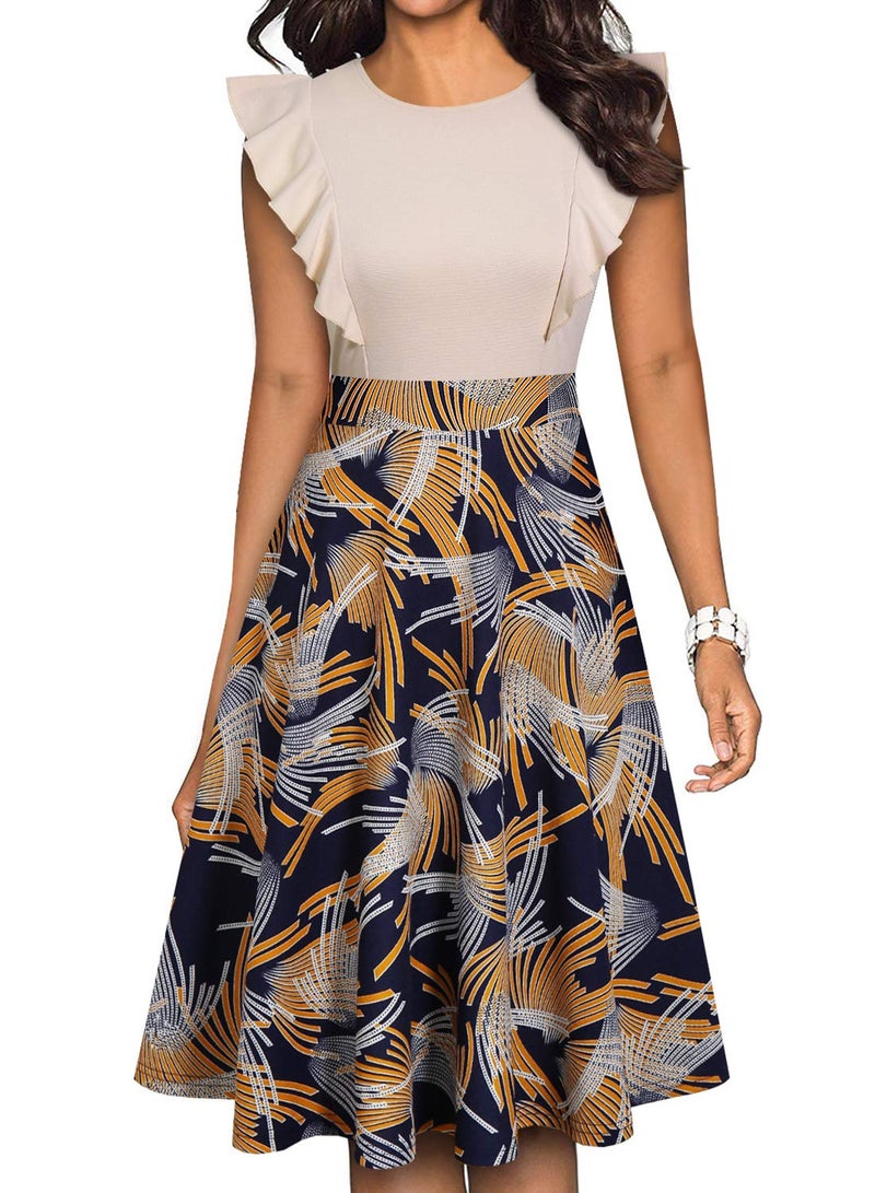 YATHON Women's Vintage Ruffle Floral Flared A Line Swing Casual Cocktail Party Dresses (L, YT001-Beige Firework) - Image 1
